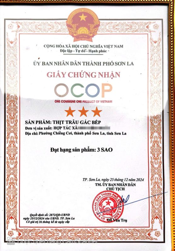 Giấy chứng nhận VSATTP thịt trâu gác bếp - Gia Vị Tây Bắc